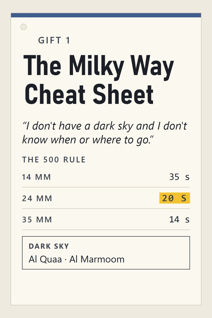 Gift 1: The Milky Way Cheat Sheet – the 500 rule by lens, the best nights for the Milky Way and dark-sky spots in the Emirates