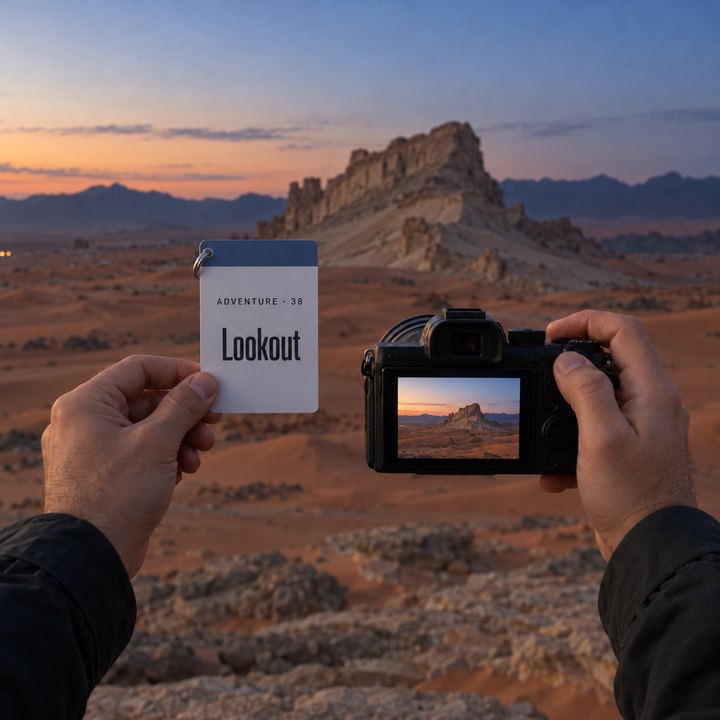 Hands holding a camera on the ridge at Fossil Rock in Sharjah after sunset; in the other hand the Lookout sheet