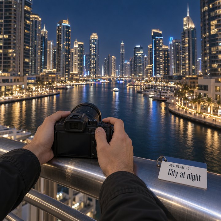 Hands steadying a camera on the railing of the JBR footbridge, with the towers of Dubai Marina lit up across the water, next to the City at night sheet