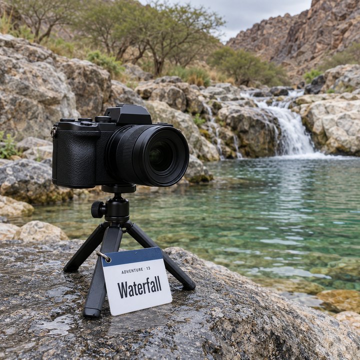 A camera on a mini tripod beside the pools at Wadi Shawka, with the Waterfall sheet leaning against the tripod leg