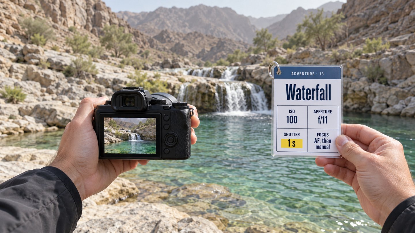 Hands holding a camera in front of the pools at Wadi Shawka, with a Waterfall cheat sheet showing four numbers in the other hand